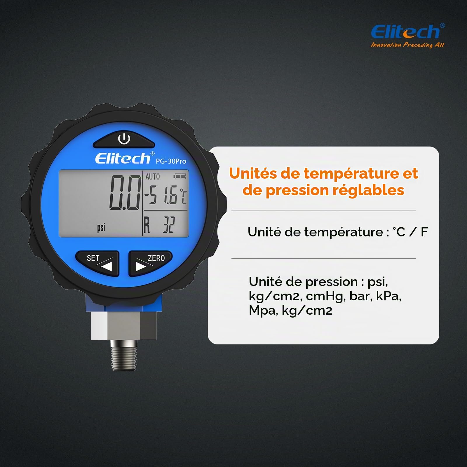 Elitech PG-30Pro Manomètre Numérique Réfrigérant avec Rétroéclairage, Manifold Gauge Pour 87+ Réfrigérants 0-500 PSI 1/8 NPT