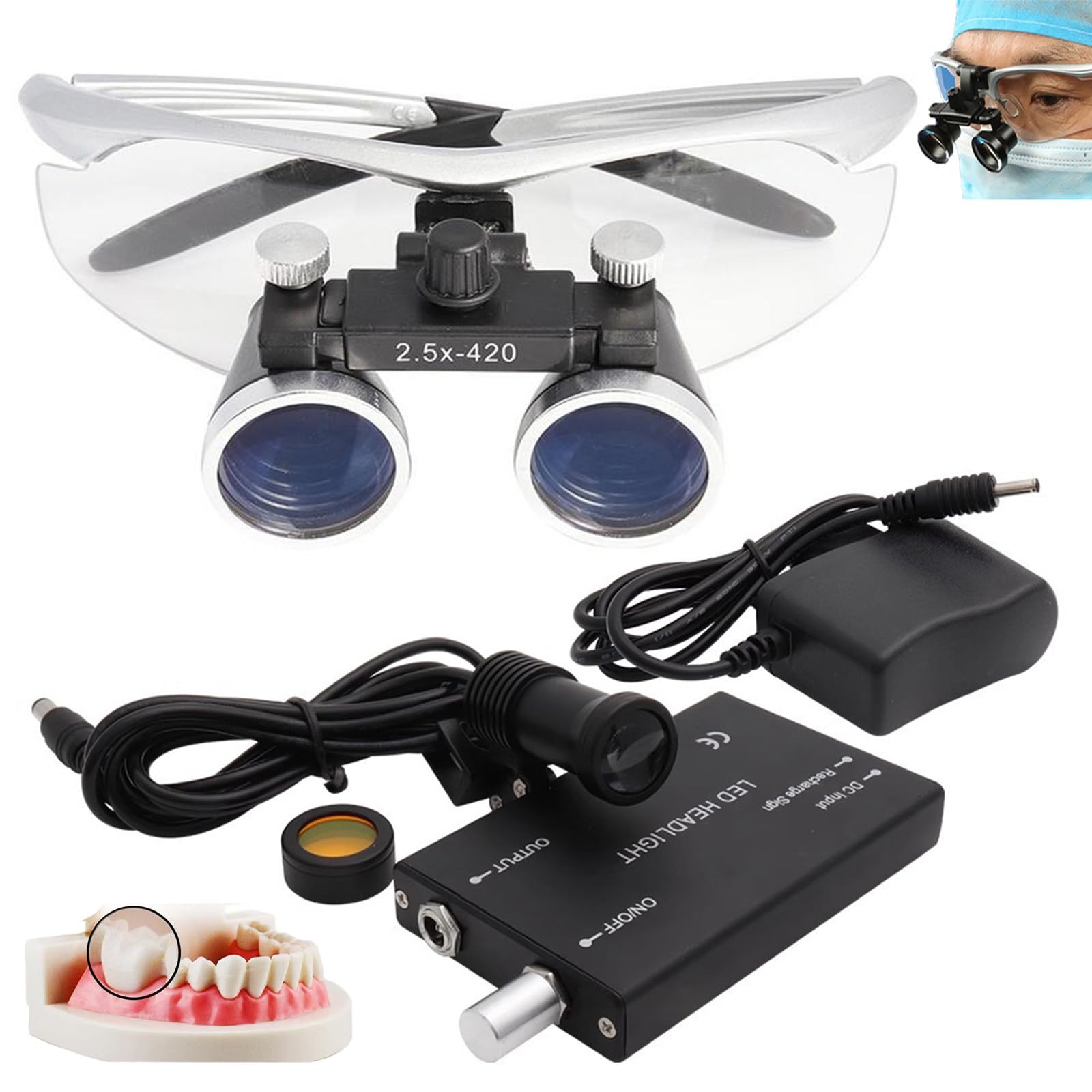 Lenti D'Ingrandimento Dentali 2,5X / 3,5X, Lenti D'Ingrandimento Binoculari Chirurgiche + Luce Frontale A Led Da 5W, Portatili Ultraleggere, Attrezzatura Da Laboratorio Per Dentista,Silver-2.5X