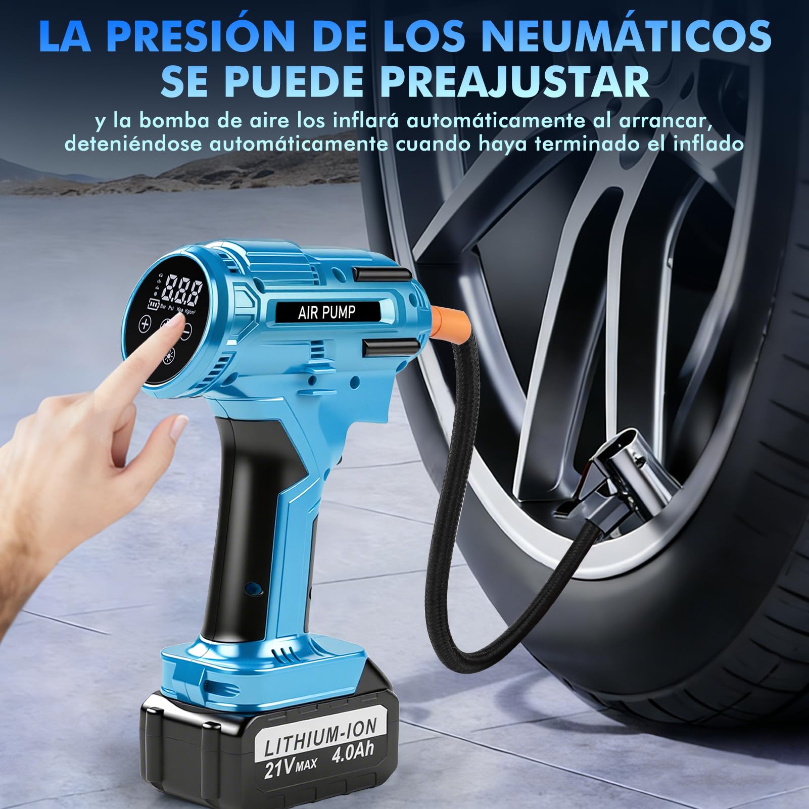 Compresor Aire Portatil Coche Bicicleta, 150PSI Inflador Ruedas Coche Bateria Recargable 4000mAh 21V, Inflador Neumáticos Electrico Bomba Inalámbrica Con LED Para Coche, Moto, Bicicleta, Pelota
