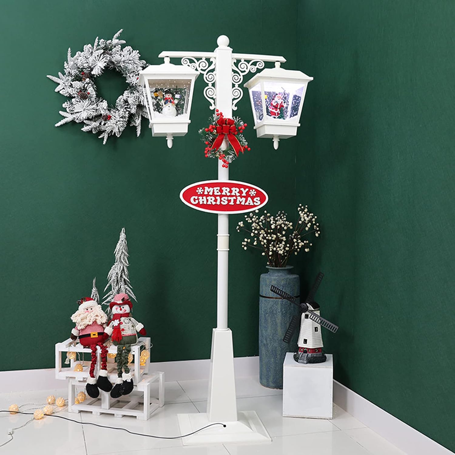 AIZYR 74" Double Christmas Street Lamp with Santa and Snowman Decoration, Christmas Snow Globe Lantern with LED Light, Music, White