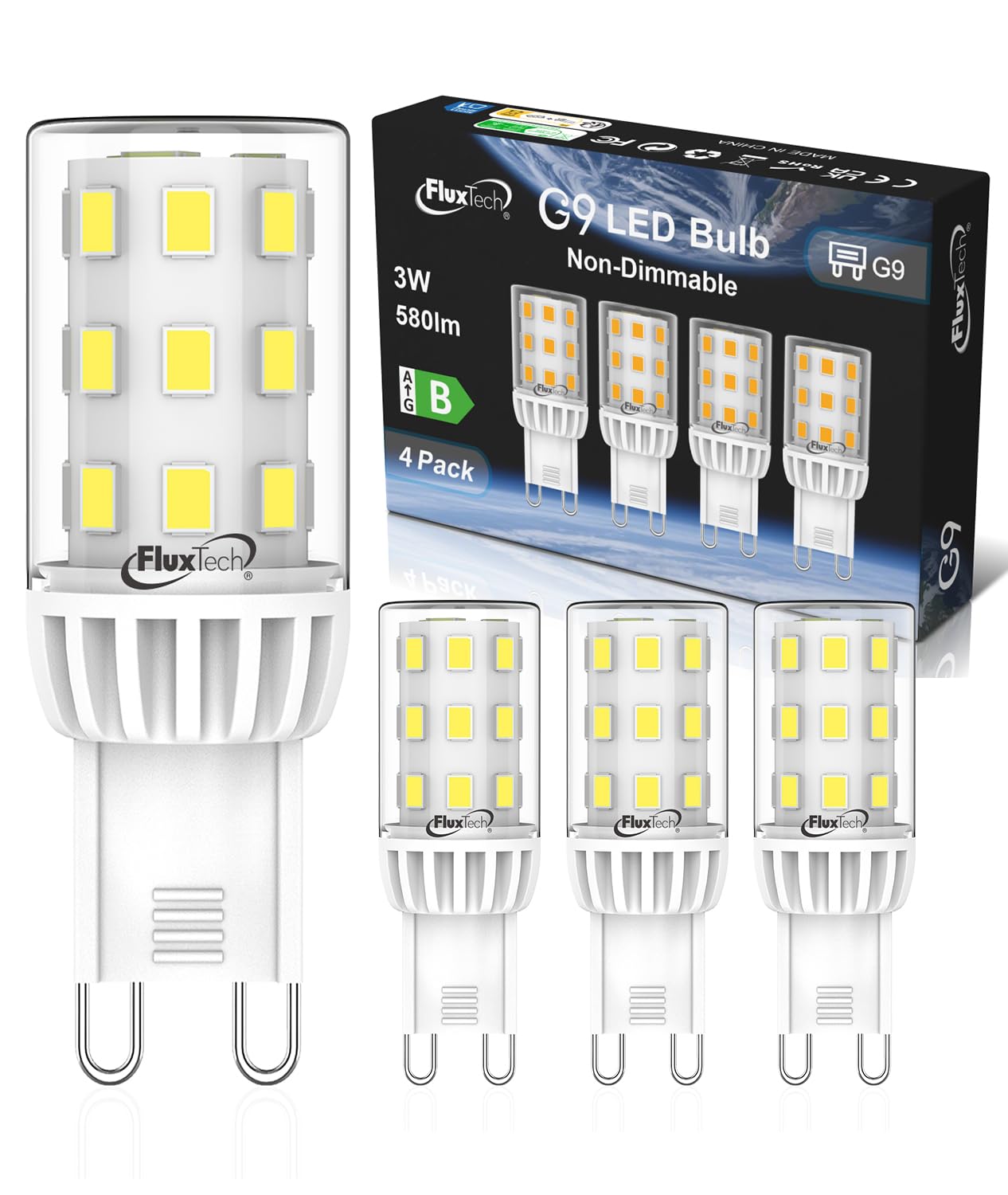 FluxTech G9 LED Bulbs Cool White 6000K, 3W 580LM Equivalent to 60W Halogen Lamps, Non-Dimmable, No Flicker, AC 220-240V Energy Saving Bulb, 4 Pack — image 1