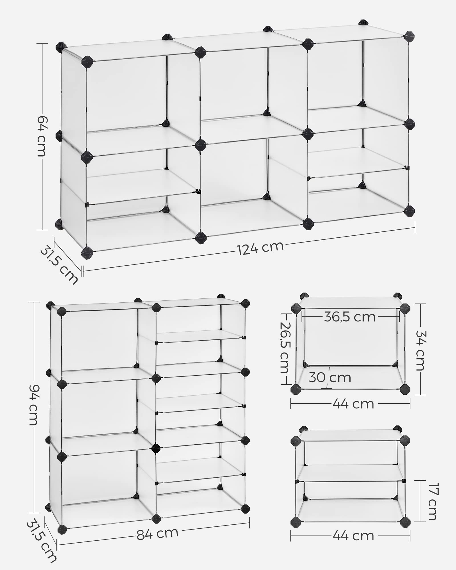 SONGMICS Scaffale a 9 Scomparti, Organizzatore Modulare, Scarpiera, Scomparto 30 x 40 x 30 cm, 30 x 40 x 15 cm, Soggiorno, Camera da Letto, Studio, con Martello di Gomma e Ferro, Bianco LPC36W