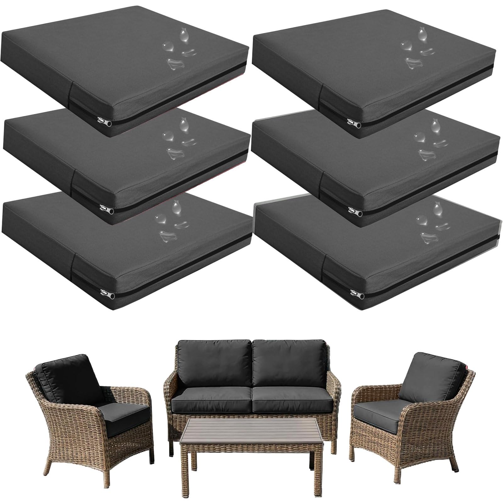seokor Replacement Outdoor Cushion Covers Waterproof, 65x65 60x60 50x50cm set of 6/4/2/1 Garden Sofa Seat Cushion Slipcover With Zipper for Chairs, Patio and Rattan furniture(Color2,50x55x10cm(6pcs))