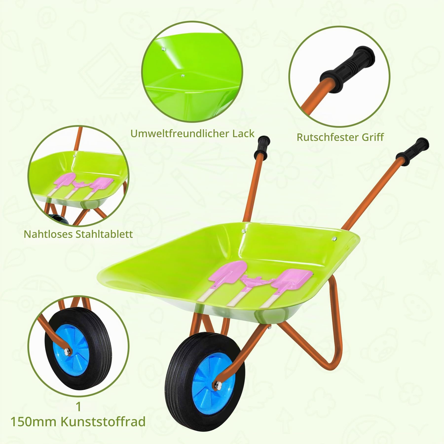 Schubkarrenset für Kinder, Gartenschubkarre en Metal, Kinder Gartengeräte, Gartenwerkzeug Kinder zum Spielen im Freien (Grünrosa)