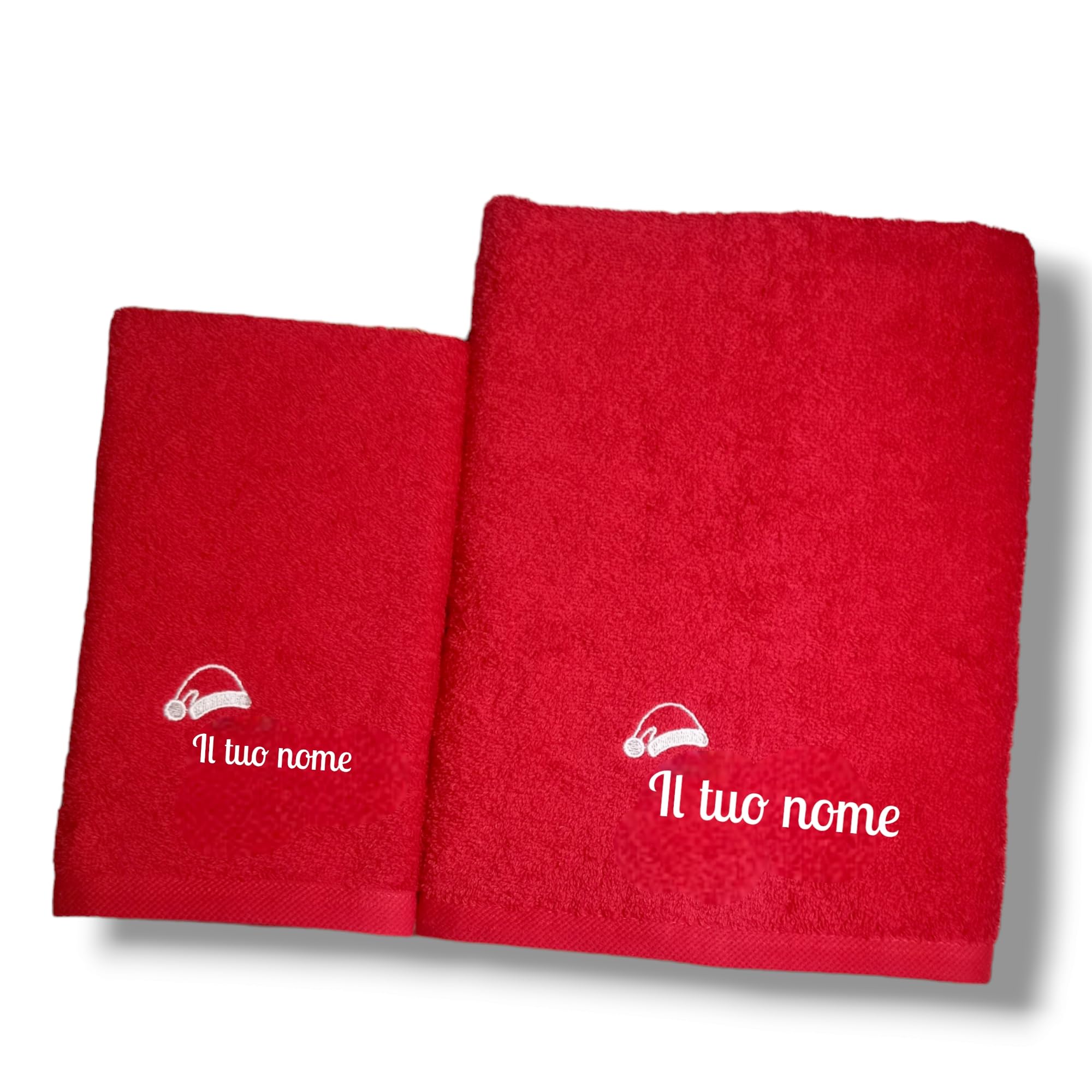 Regalo di Natale per coppia. Set asciugamani natalizi bagno personalizzati. 4 asciugamani rossi ricamati in 100% cotone.