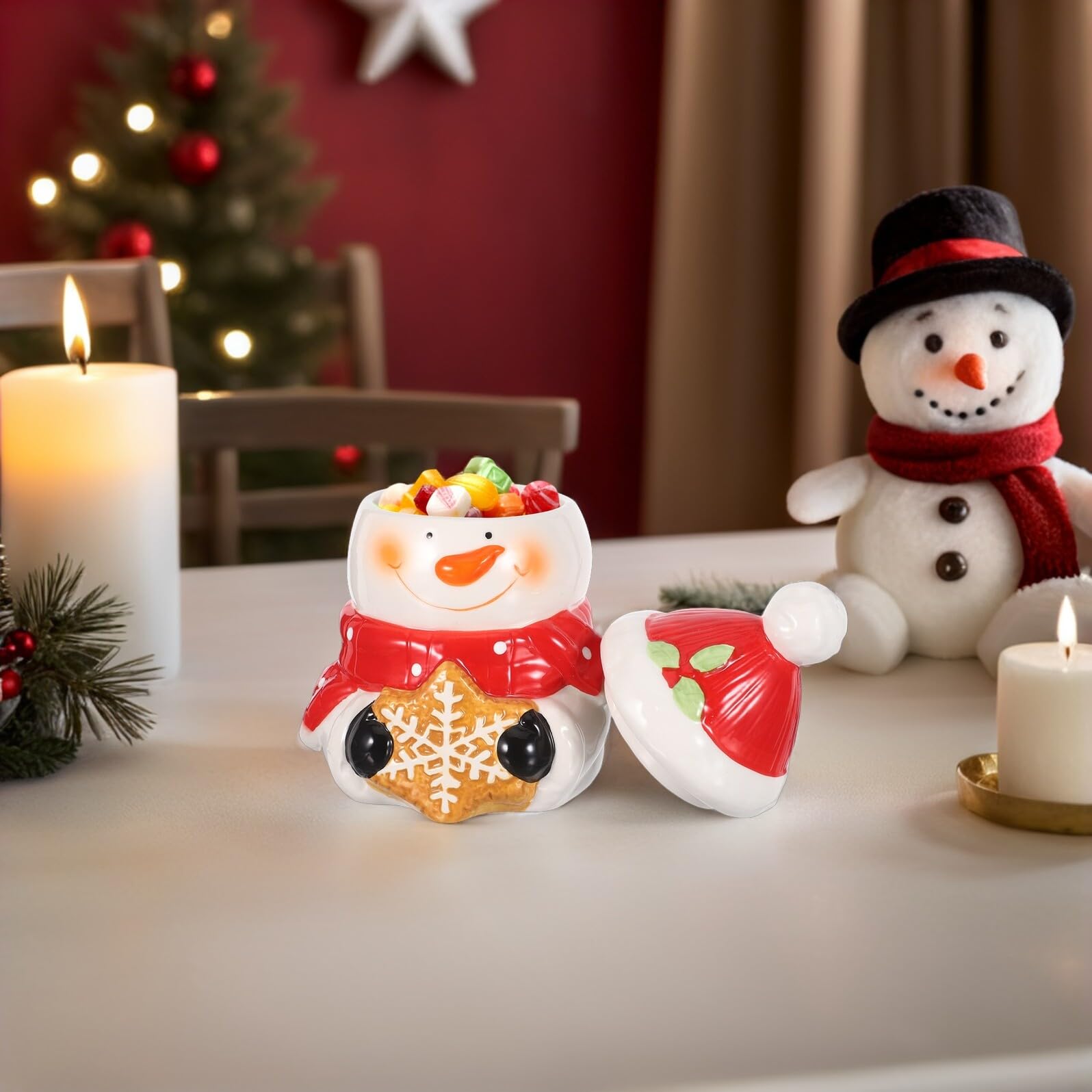 DOITOOL Bocal Céramique Bonhomme Couvercle Boîte Hermétique pour Biscuits et Bonbons de Noël Décoration Festive de Cuisine Rangement Polyvalent pour Fêtes de Fin Année