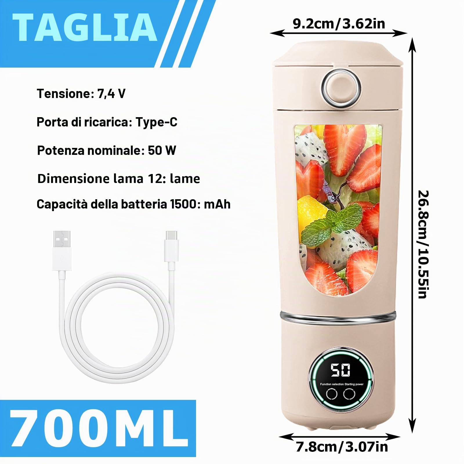 Mini Frullatore Portatile Per Frullati, Frullatore Smoothie, Mixer Portatile, Mini Mixer USB Ricaricabile, 700ml Con 12 Lame In Acciaio Inox, Borraccia Frullatore Portatile, Per Ufficio E La Palestra