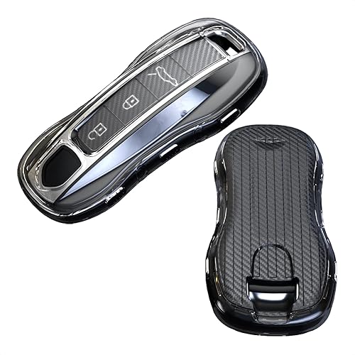 Miniatura 7 de TANGSEN Funda para llavero de TPU compatible con Porsche 911 Cayenne Panamera TAYCAN transparente textura de fibra de carbono de 3 y 4 botones