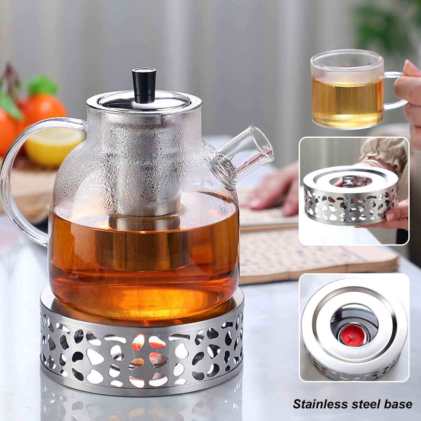 1.5L Teekanne mit Siebeinsatz und Deckel, Teekanne aus Glas Borosilikat, Glas Teebereiter mit Abnehmbare Siebeinsatz & Stövchen, Glasteekanne für Losen Tees Fruchttee Duftender Tee