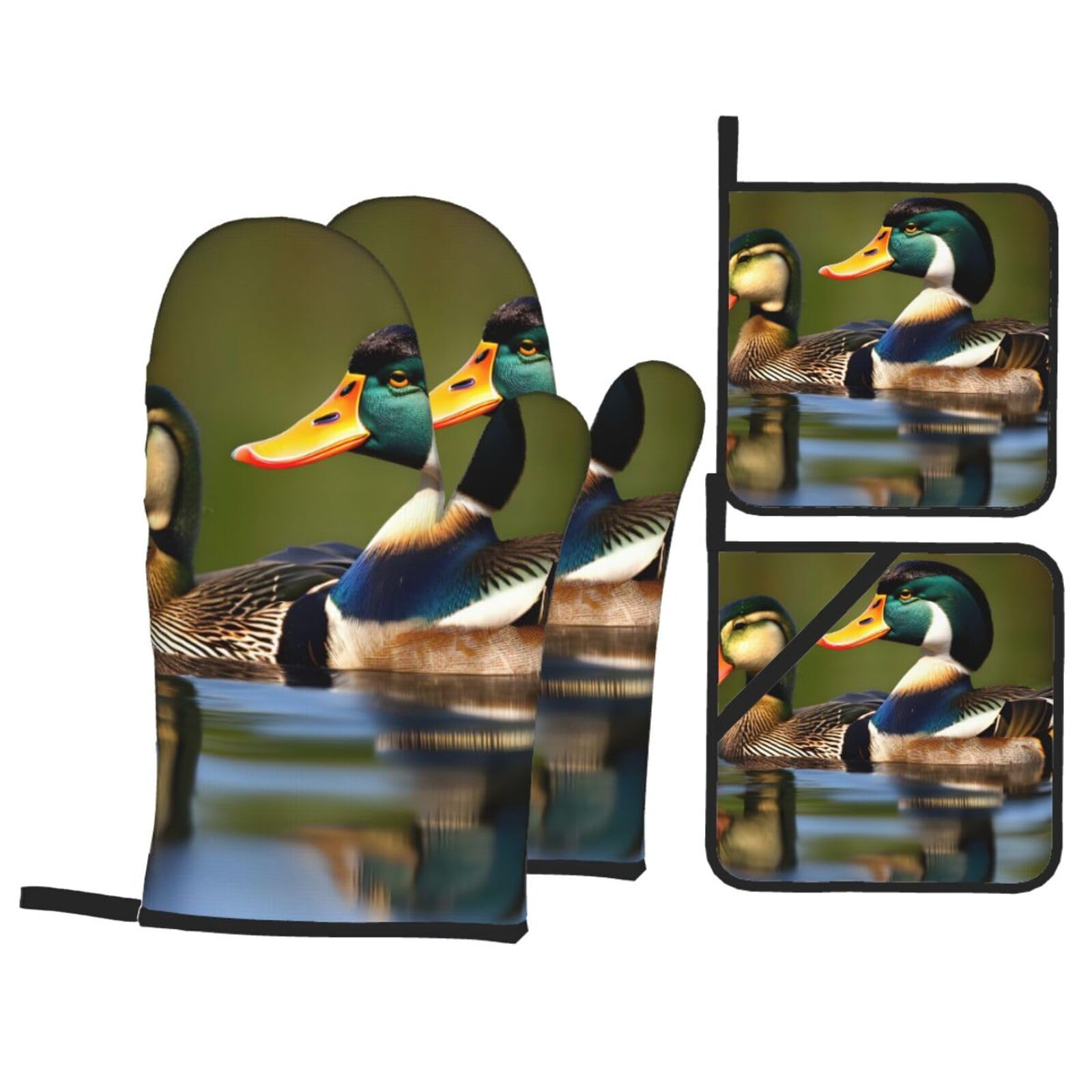 two mallard ducks Print 4-Piece Heat-Resistant Oven Waterproof Kitchen Gloves Cooking Roasting Essential