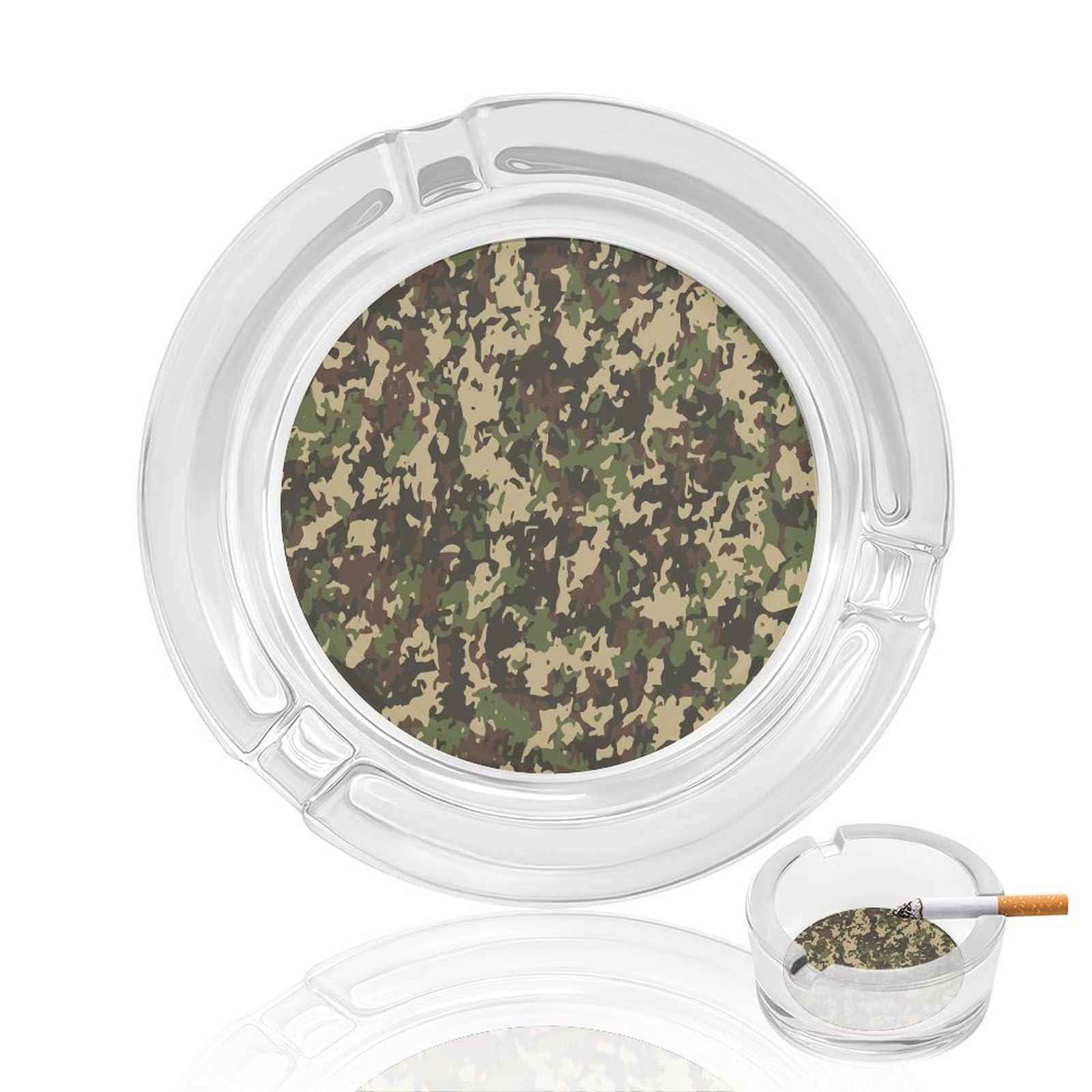 Camouflage Pat Glass Ashtray 3.3 Inch Round Cigarette Ash Holder with 4 Grooves for Home Office Outdoor One Size