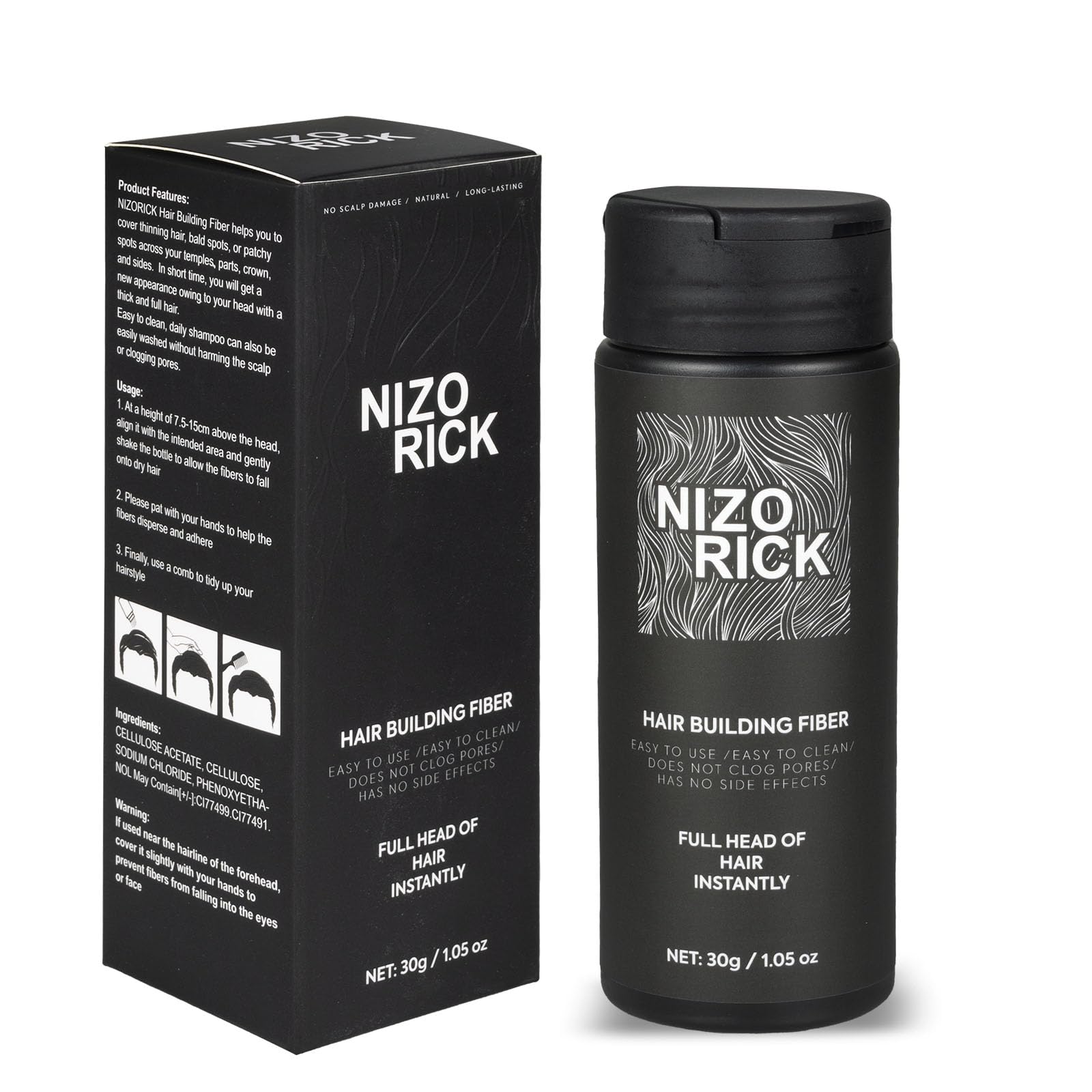 NIZORICK Hair Fibers for Thinning Hair,Hair Building Fibers Instantly Thicker & Fuller Look,Conceals Hair Loss Fill In Fine Hair Powder for Women and Men(30g/1.05oz) (Black)