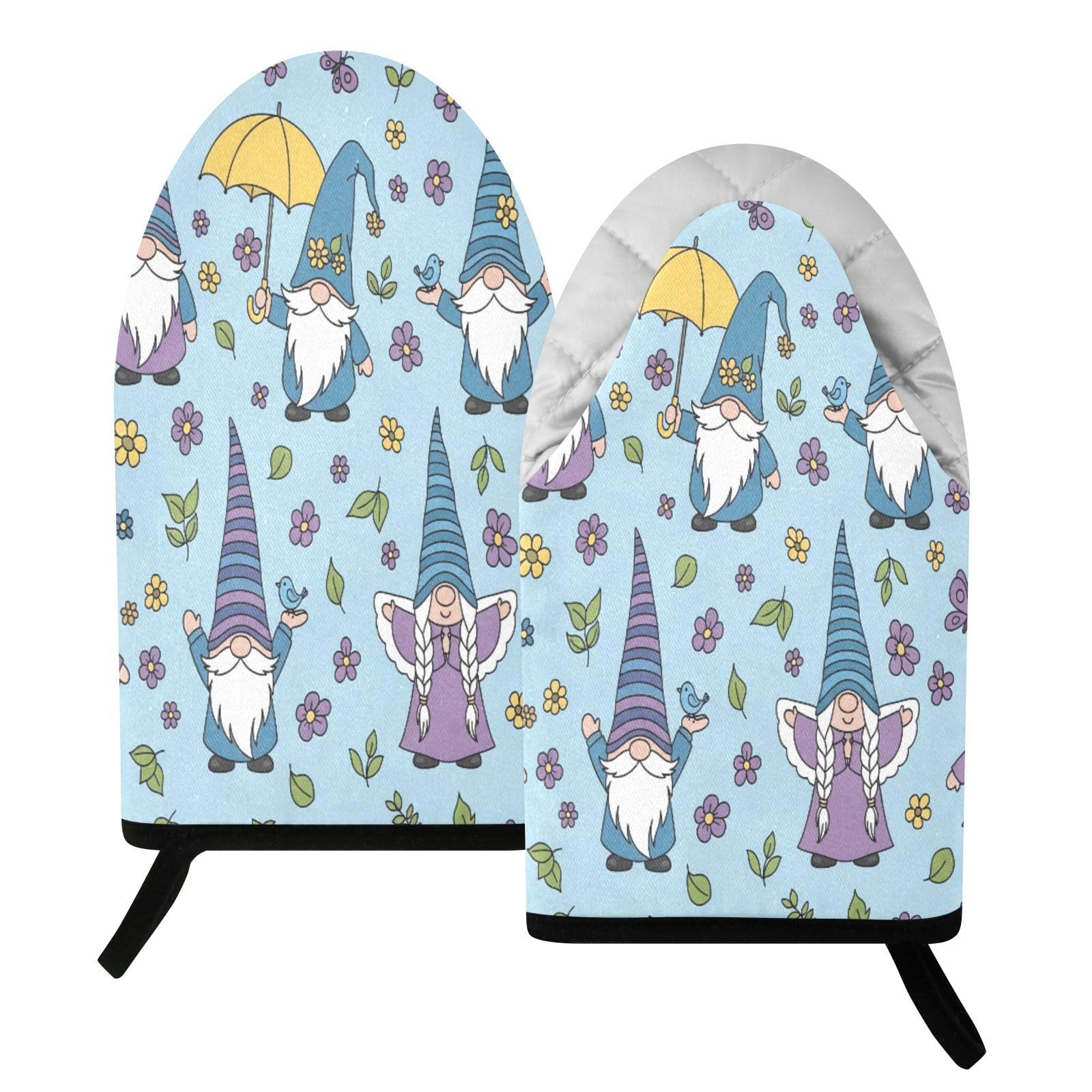 BURSTDDY Flowers and Gnomes Oven Mitt,Heat Resistant Kitchen Mitts for Cooking