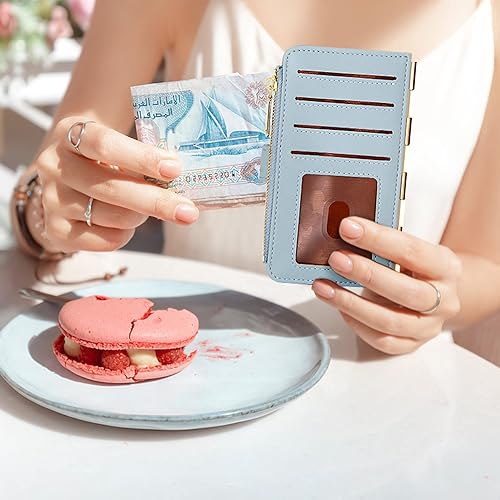 Miniatura 5 de Badiya Tarjetero de crédito para mujer, con bloqueo RFID, delgada, plegable, con bolsillo con cremallera y 3 ventanas para identificación