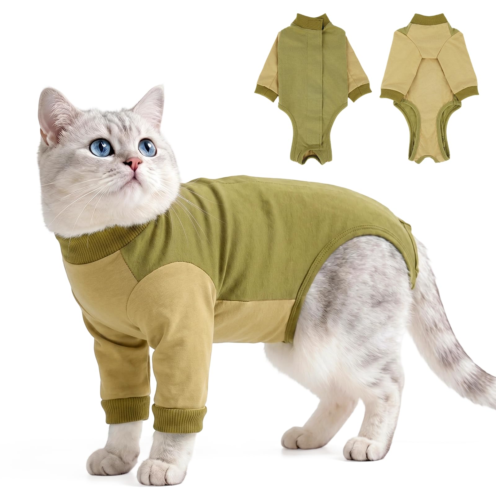 Full Coverage Cat Recovery Suit – Kitten Surgery Suit | Soft Cotton Anti-Licking Onesie with Long Sleeves | Spay, Neuter, Abdominal Wound | Extra Protection for Active & Licking Cats (Sage Green S)