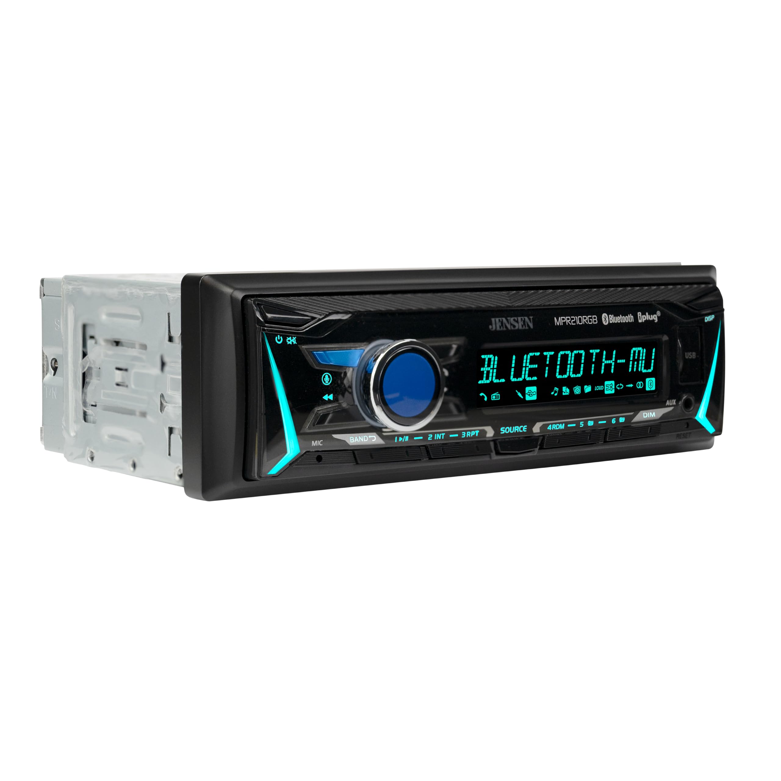 JENSEN MPR210RGB | 12 Character LCD Single DIN Car Stereo | RGB Custom Colors | Push to Talk Assistant | Bluetooth Hands Free Calling Music Streaming | AM/FM Radio | USB Playback & Charging