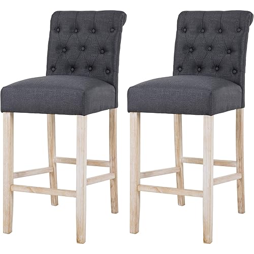 NOBPEINT Fabric Upholstered Barstool Solid Wood Legs 29", Charcoal(Set of 2)