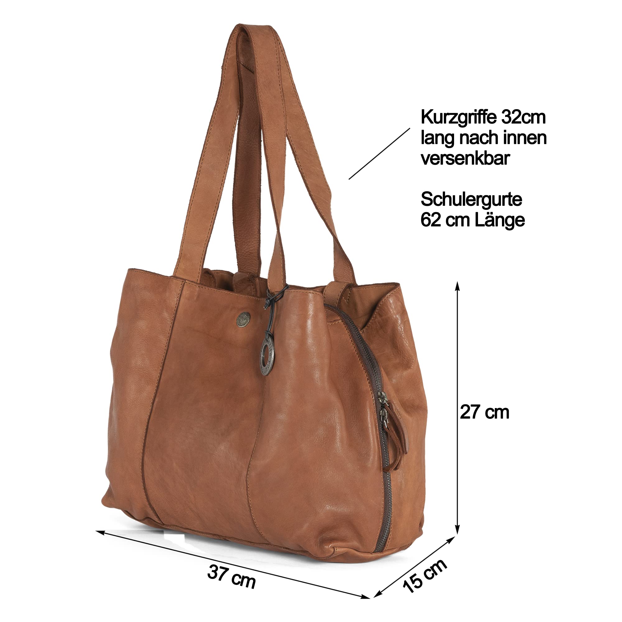 Shopper Tasche Damen LEYLA, große Henkeltasche aus Leder, Handtasche für Frauen mit vielen Fächern, cognac