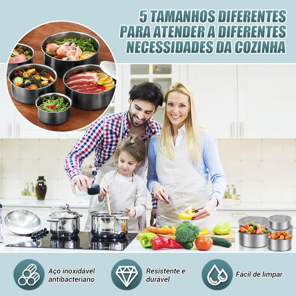 Conjunto de 5 Peças, Bowl Inox, Tigela Inox, Saladeira com Tampa, Últimas Tigelas de Cozinha, Tigela de Cozinha Premium, Stainless Steel Bowl