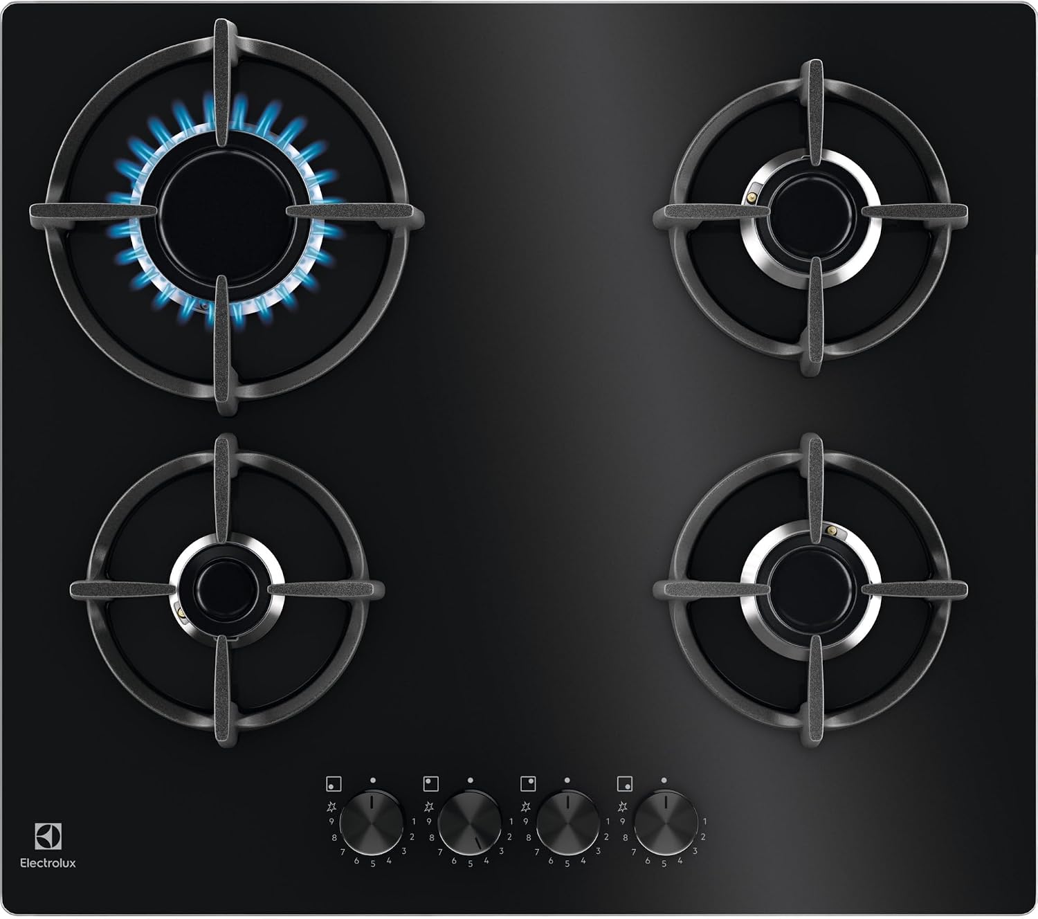 Electrolux Piano Cottura Gas EGG64272K Serie 600 Gas on Glass 60cm da Incasso, 4 Fuochi, Bruciatore Rapido, Bruciatore Wok, Precisa Regolazione della Fiamma, Sicurezza Sicurgas, 590x520cm, Nero