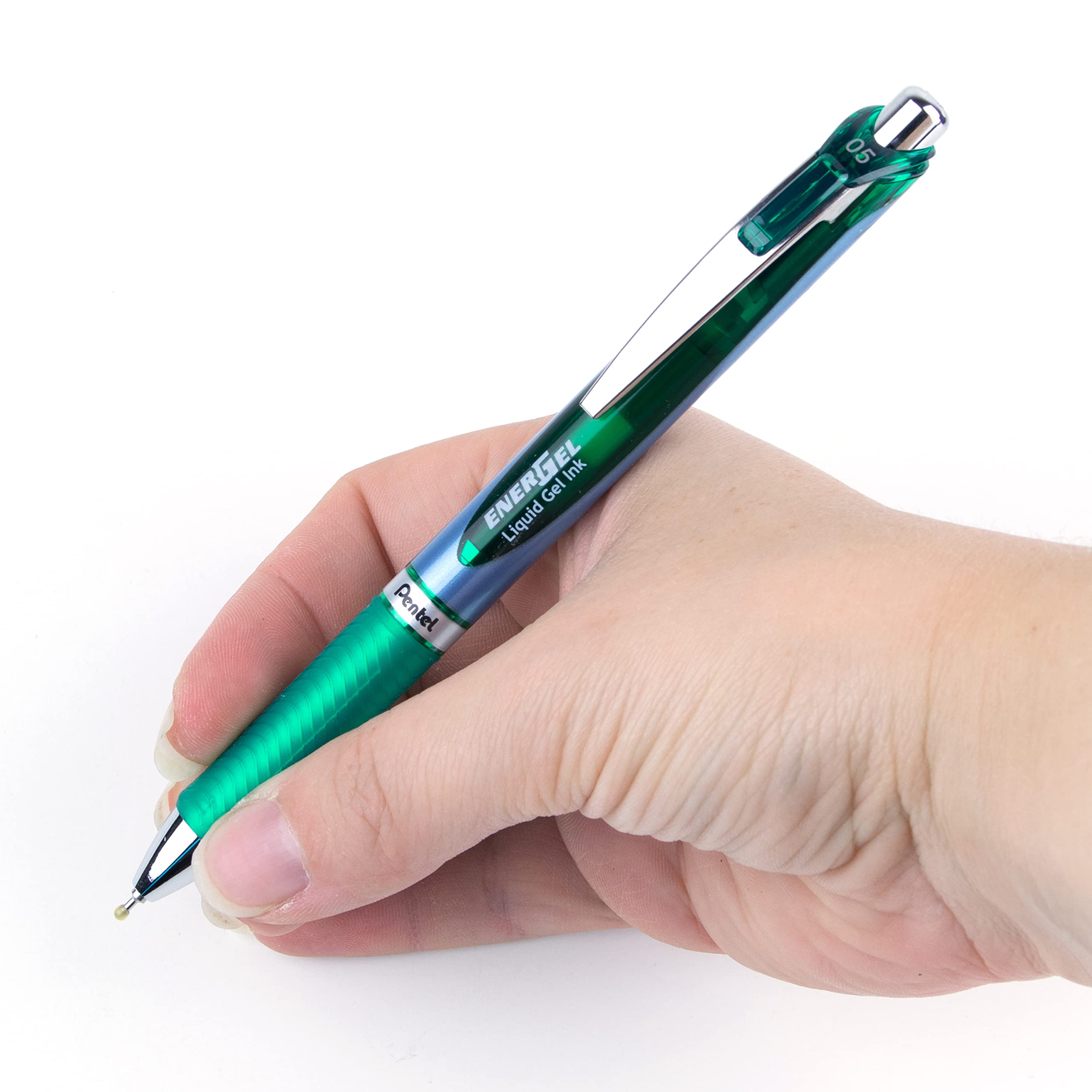 Pentel EnerGel Deluxe RTX BLN75-D - Penna gel liquido retrattile, tratto fine, punta ad ago, inchiostro verde, confezione da 12