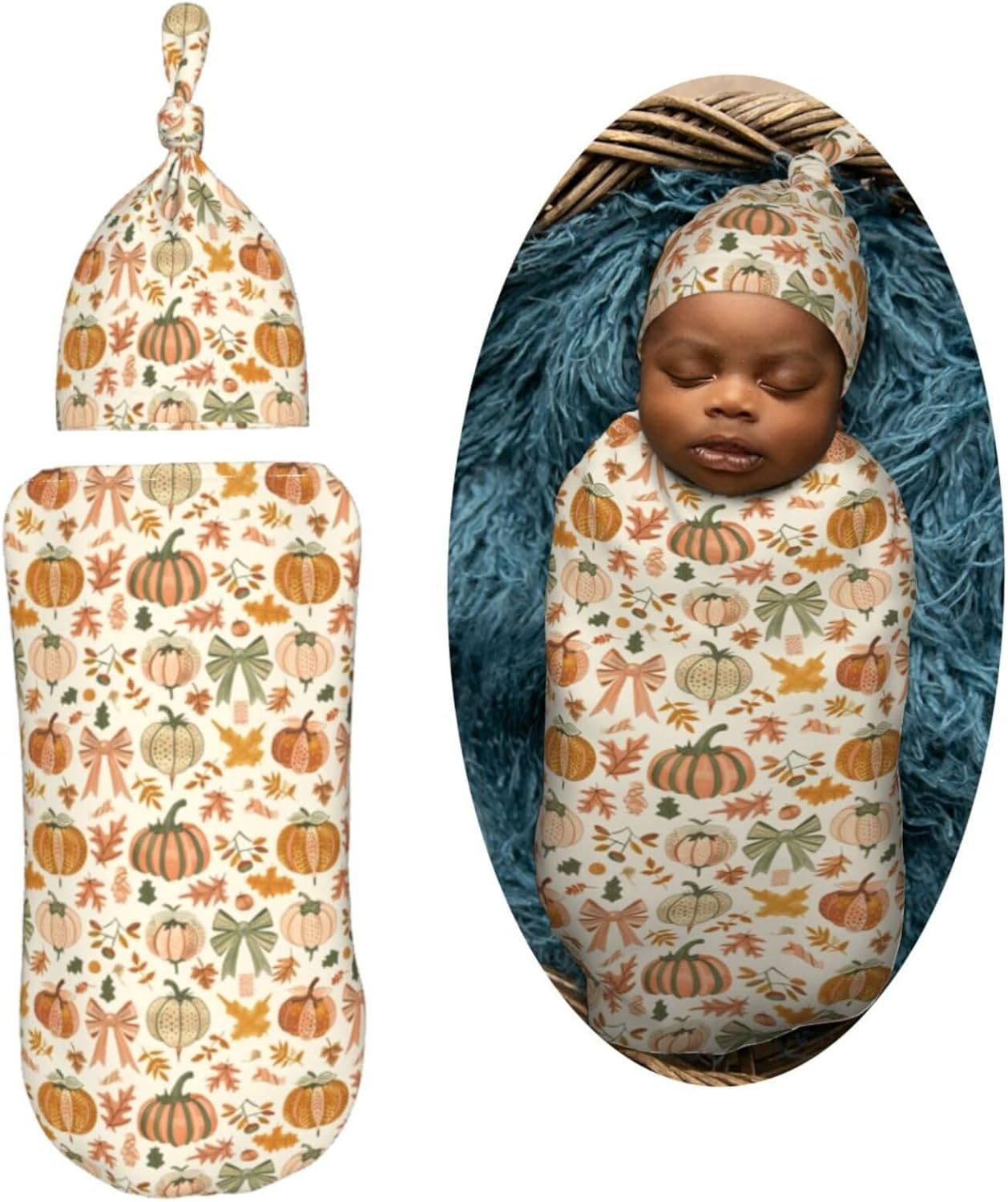 Autumn Pumpkins and Bows Newborn Swaddle Blankets Hat Sets Soft Baby Receiving Blanket Swaddle Sack for Baby Shower Infant Boy Girl Gift - Image 2