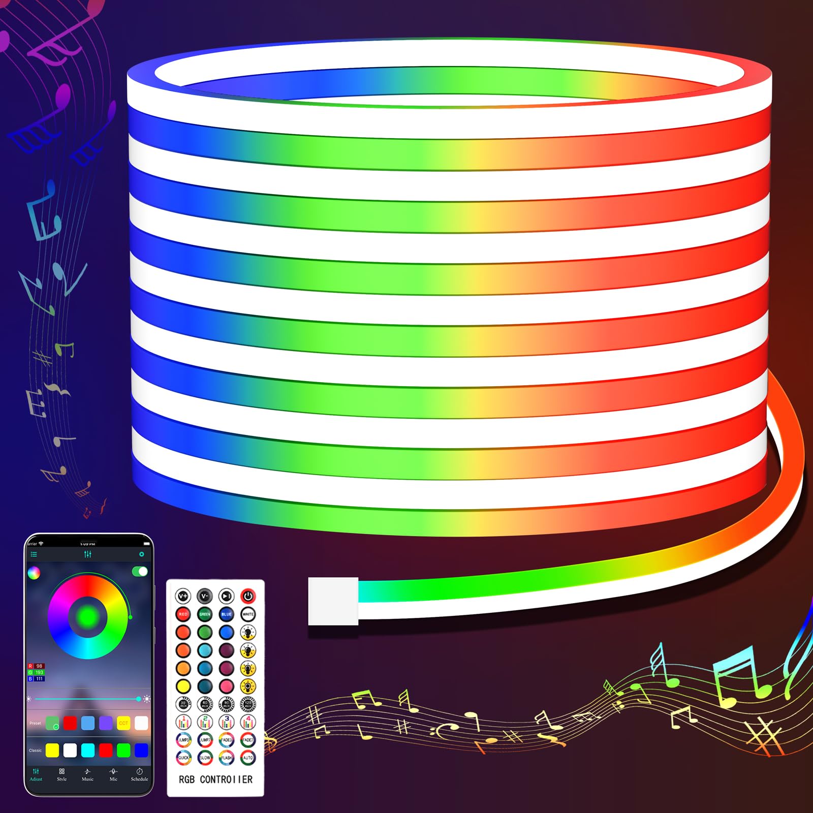 Jintyoung Rgb Led Rope Lights,10M Led Neon Rope Lights Control With Remote/App, Music Sync Colour Changing Neon Strip Lights, Ip67 Waterproof Led Light For Indoors Outdoors Bedroom Home Decor