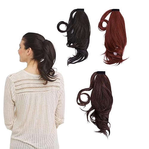 JUVABUN Extensiones de cabello rizado mágico para cola de caballo de 15.5 pies, color marrón medio, extensiones de cabello sintético, onduladas y