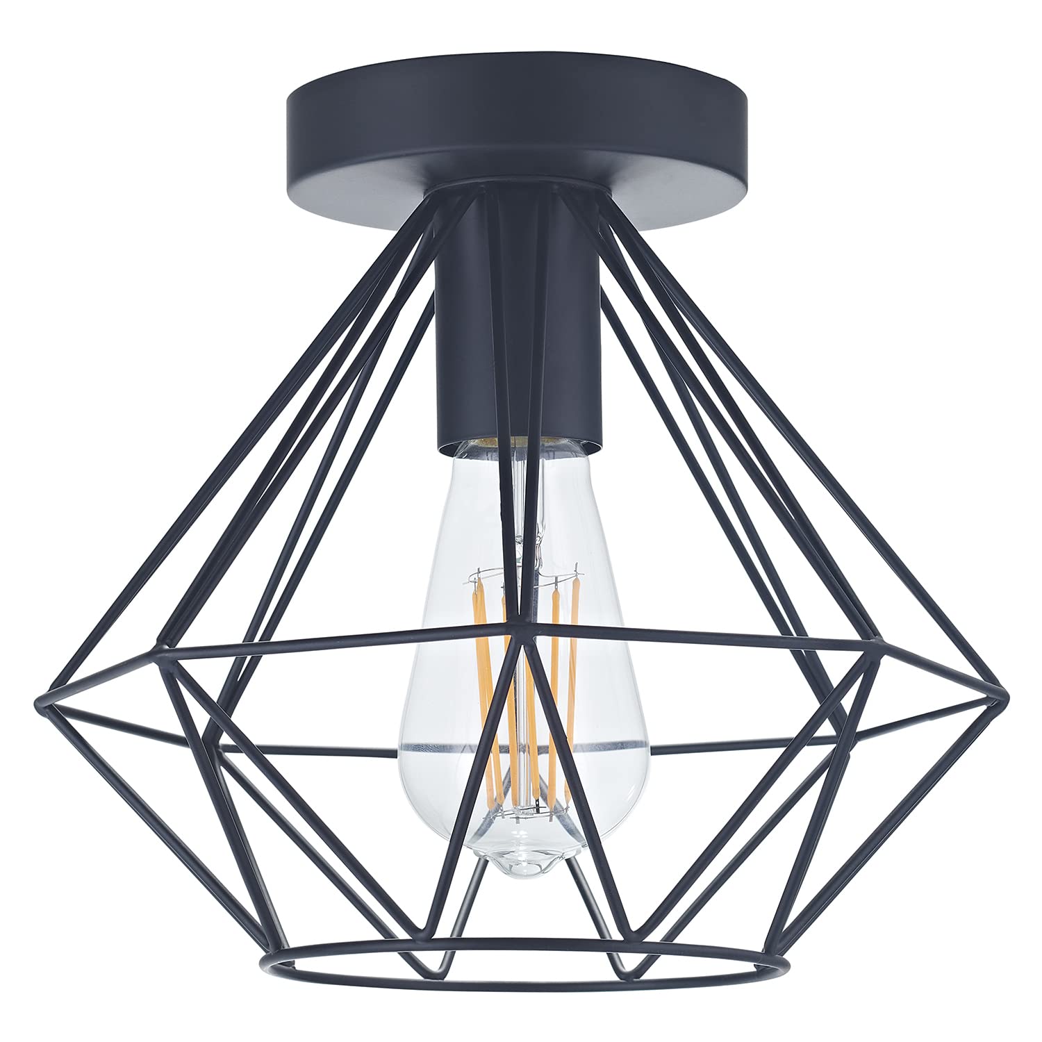 Happy Homewares Industrial Basket Cage Designed Matt Black Metal Semi Flush Ceiling Light Fitting | 60w Maximum | 25cm Height | Dimmable