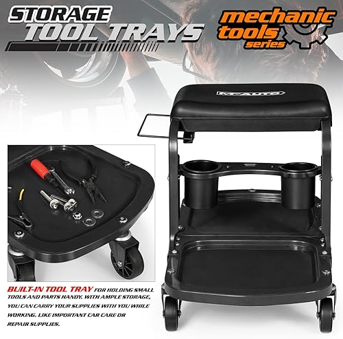 Miniatura 4 de M-AUTO Asiento de rodillo de garaje resistente para mecánico de tallerestaburete de tienda con bandeja de herramientas y estante para equipos,