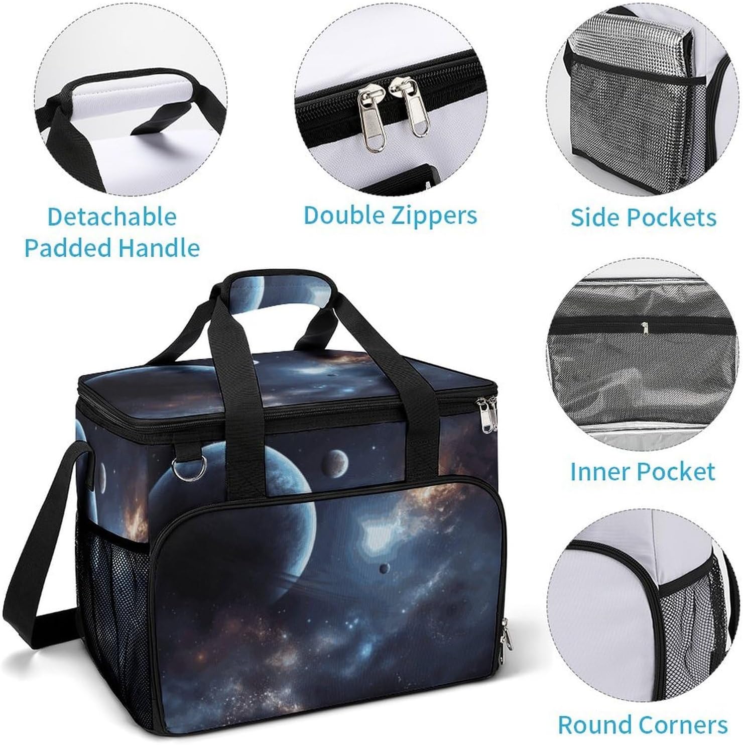 Insulated Picnic Backpack Tote Bag, Large Capacity 30L Moon Stars and Planets Cooler Bag Leakproof Beach Bags Portable Lunch Box Waterproof Picnic Basket for Beach Camping BBQ