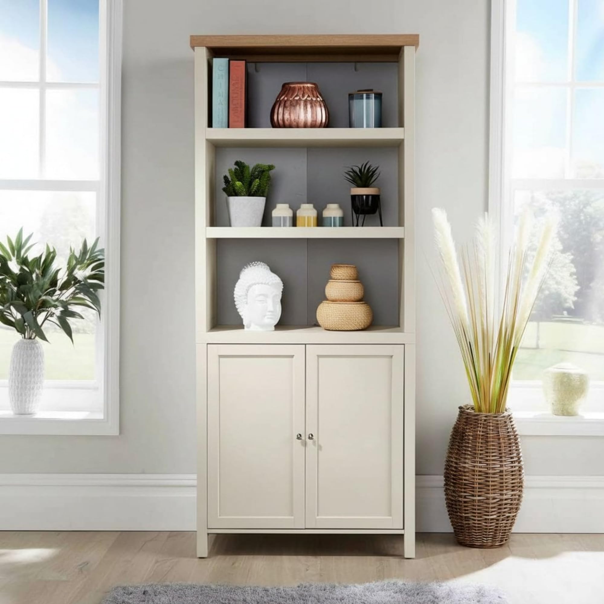 Home Source Avon Tall Bookcase with Cupboard โ Sonoma Oak Top, Open Shelves & 2 Door Cabinet - 79W x 39D x 180H cm - Large Display Unit โ image 1