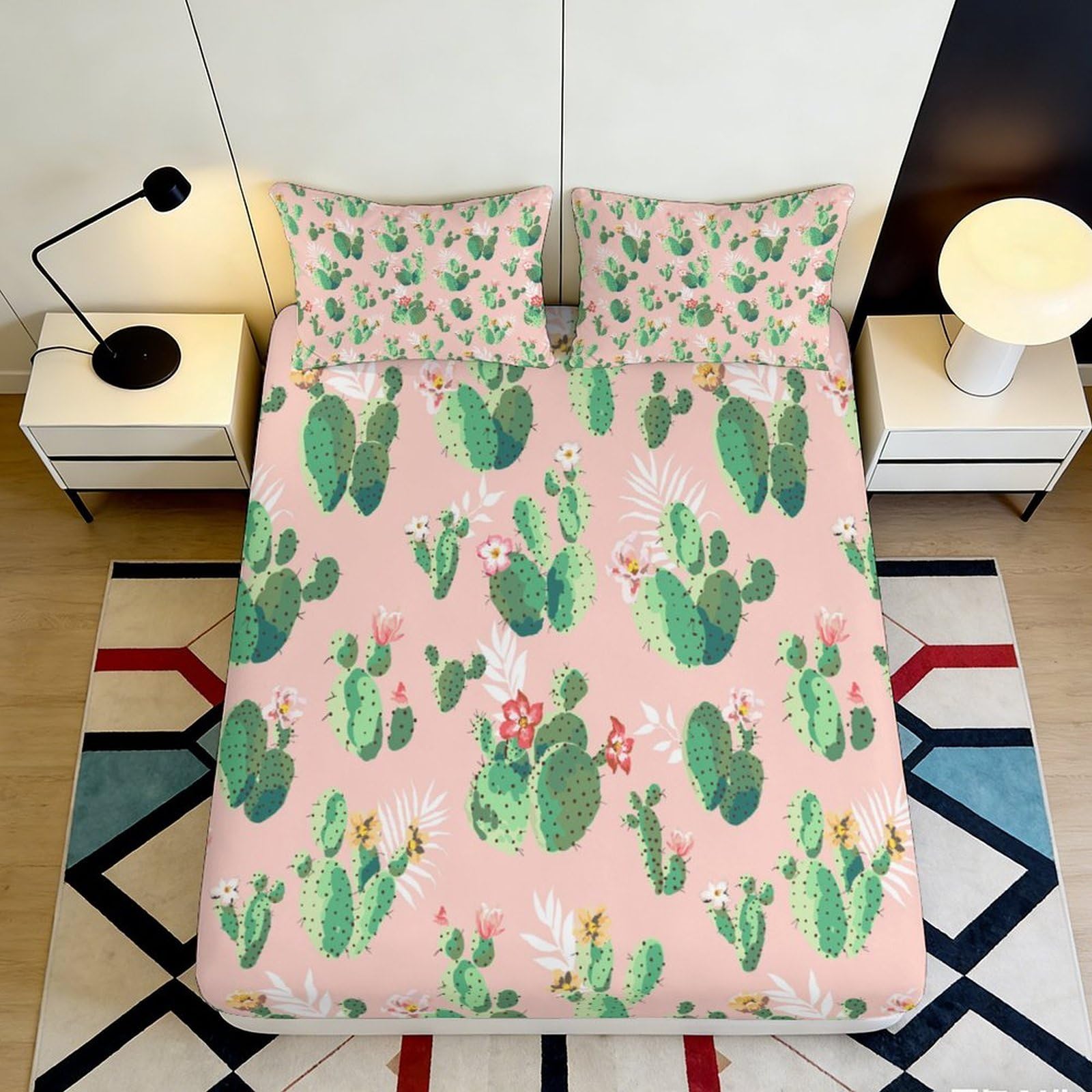 3D Printed Cactus Garden Fitted Sheet Microfiber Soft Pink Succulent Mattress Cover Bedroom Decor Washable 90x200x25cm