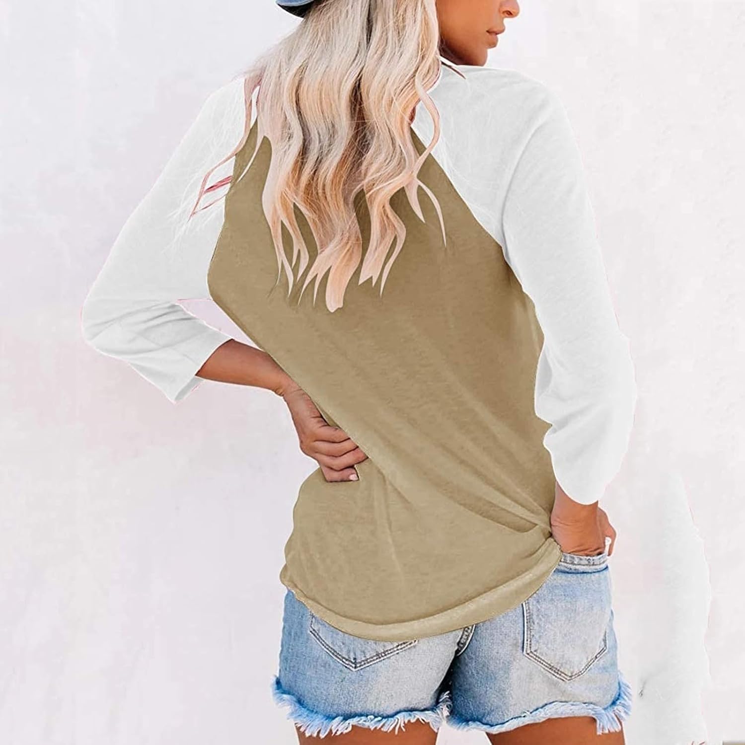 3/4 Sleeve Shirts for Women Color Block Round Neck Cute Spring Tops Raglan Casual Three Quarter Length Blouses - Image 2