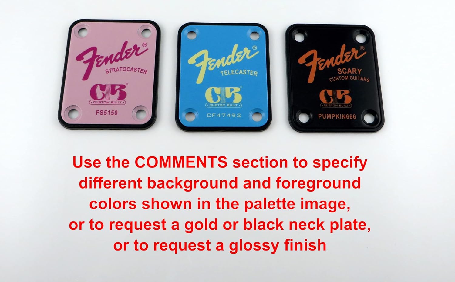 Engraved or Color Printed guitar neck plate with Custom Built logo - choose Color, Brand, Model, and Serial Number