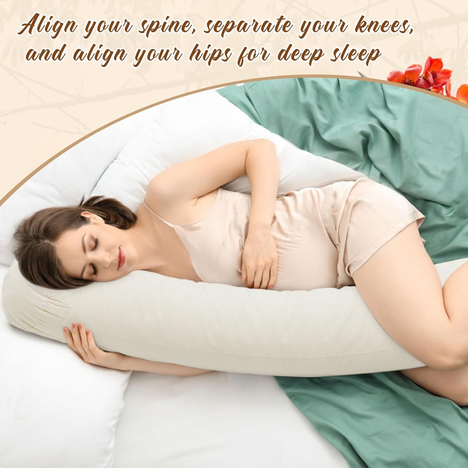 Leinuosen Organic Kapok Full Body Pillow 54" x 9" Long Tube Roll Bolster for Adults, Adjustable Height Firm Support for Side Sleeping, Pregnant Women, Kapok Filling