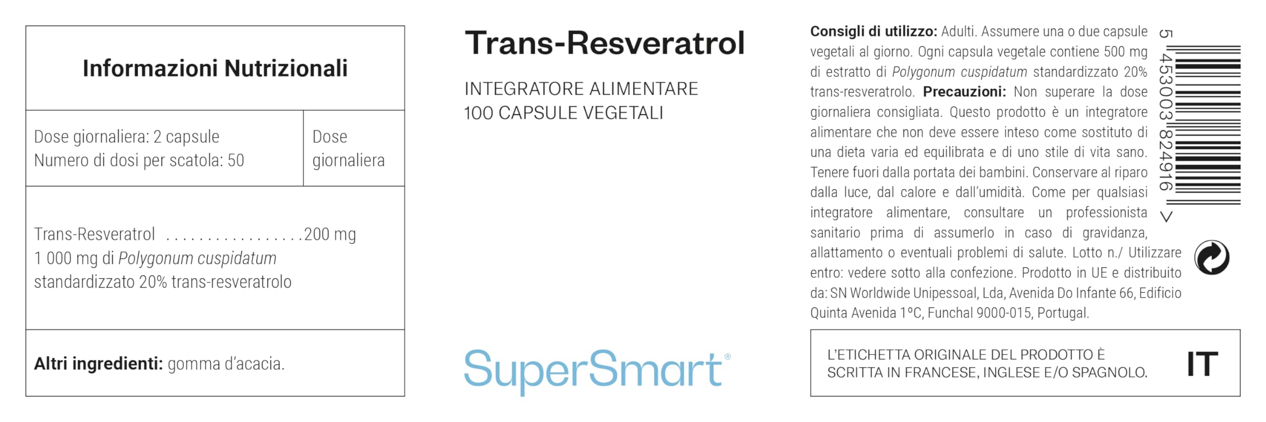 Trans-Resveratrol - Estratto di radice di Hu Zhang - Aiuta a combattere lo stress ossidativo e l'infiammazione - Vegano - Senza glutine - Supersmart