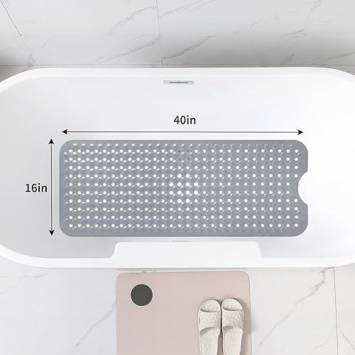 Miniatura 8 de Tapete de baño antideslizante y largo, tapete de ducha, innovadoras ventosas de masaje de burbujas 310, lavable a máquina, 40 x 16 pulgadas, (blanco)