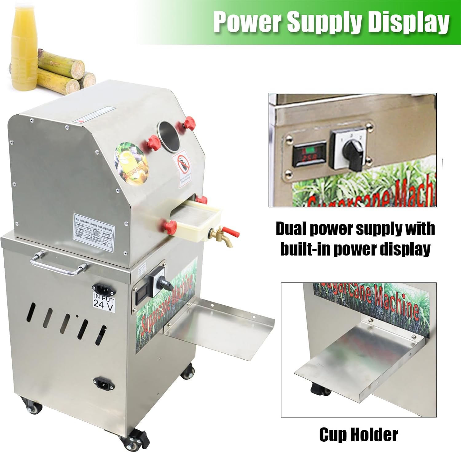 110V AC/24V DC Dual Power Sugarcane Juicer Machine 3-Roller Vertical Electric Sugar Cane Press with Transformer Commercial Stainless Steel Juice Extractor for Sugarcane Juice Shop Bar Home