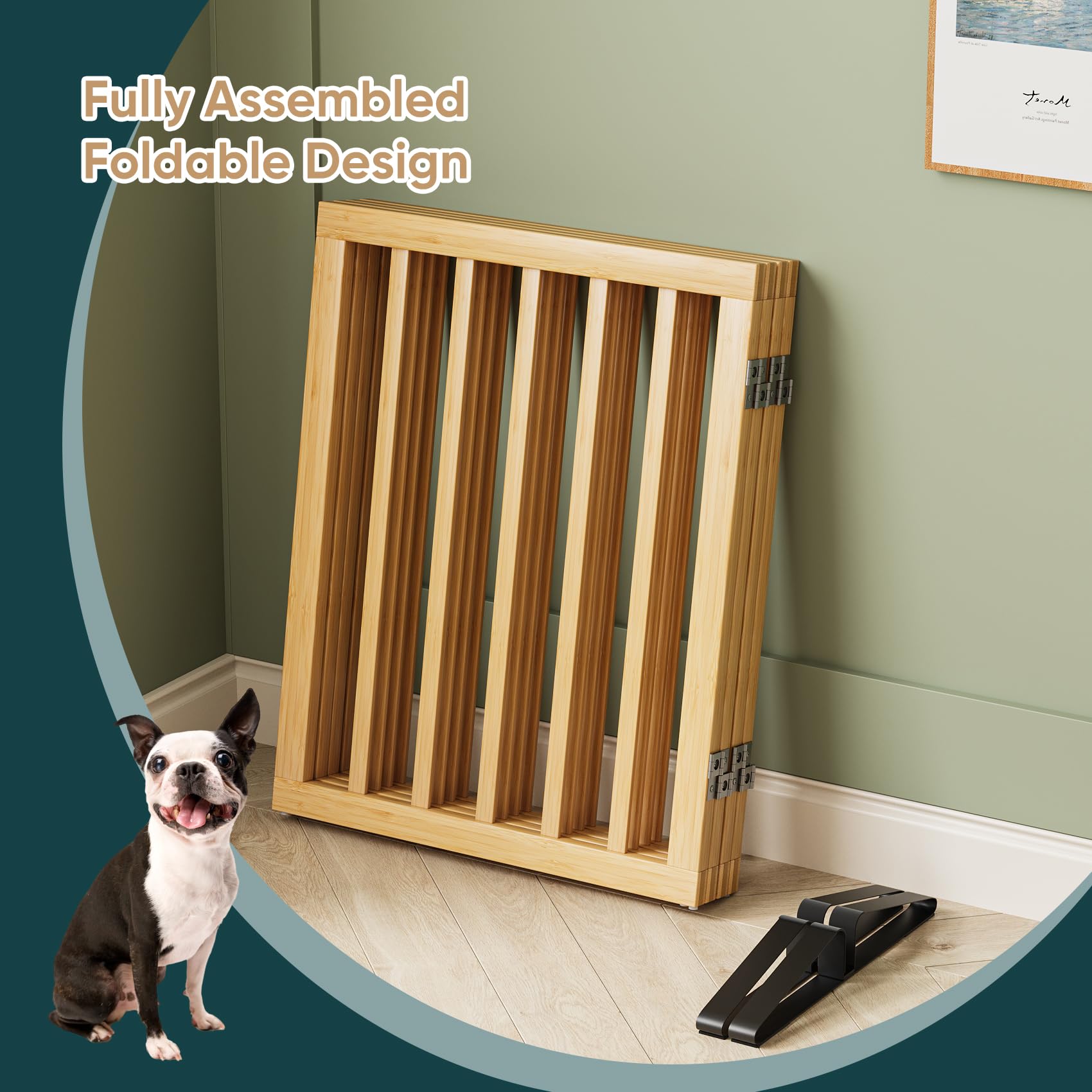 Semiocthome Freestanding Dog Gates and Barriers Indoor, Pet Gates for Doorways and Stairs, 60cm (H) - 4 Panels Puppy Gate with 2 Metals Stands, Adjustable Safety Fence Fit Up to 188cm - Natural — view 4