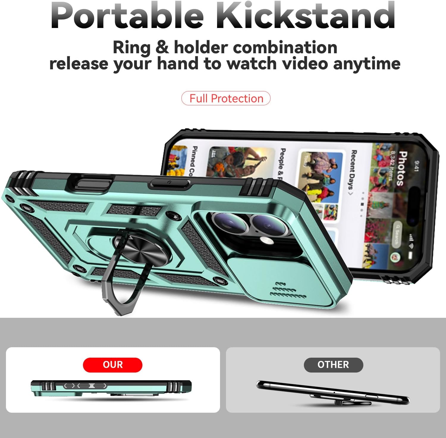 SunStory Phone Case for iPhone 16 Case with HD Screen Protector & Slide Camera Cover & Rotated Ring Kickstand, [Military-Grade] Phone Case for iPhone 16 6.1" (Green) - Image 4