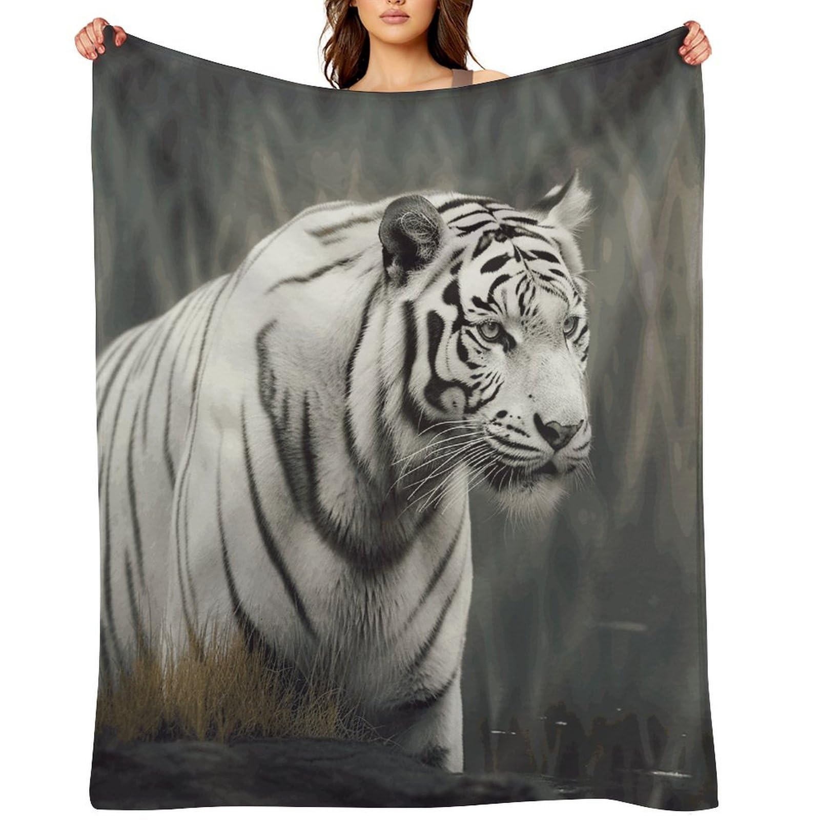Flannel White Tiger Throw Blanket for Couch Super Soft Fuzzy Cozy Flannel Blankets No Shed No Pilling FAnti-Static Winter Bed Blanket Decorative and Giftable Blankets