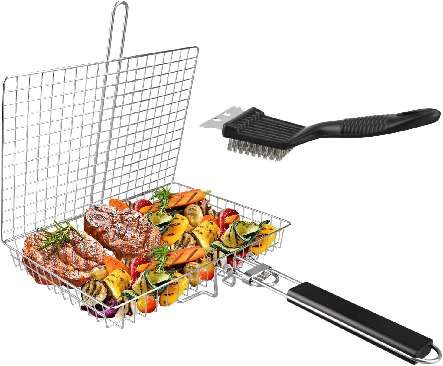 Grill Basket, Large Folding Grilling Basket with Grill Cleaning Brush, Stainless