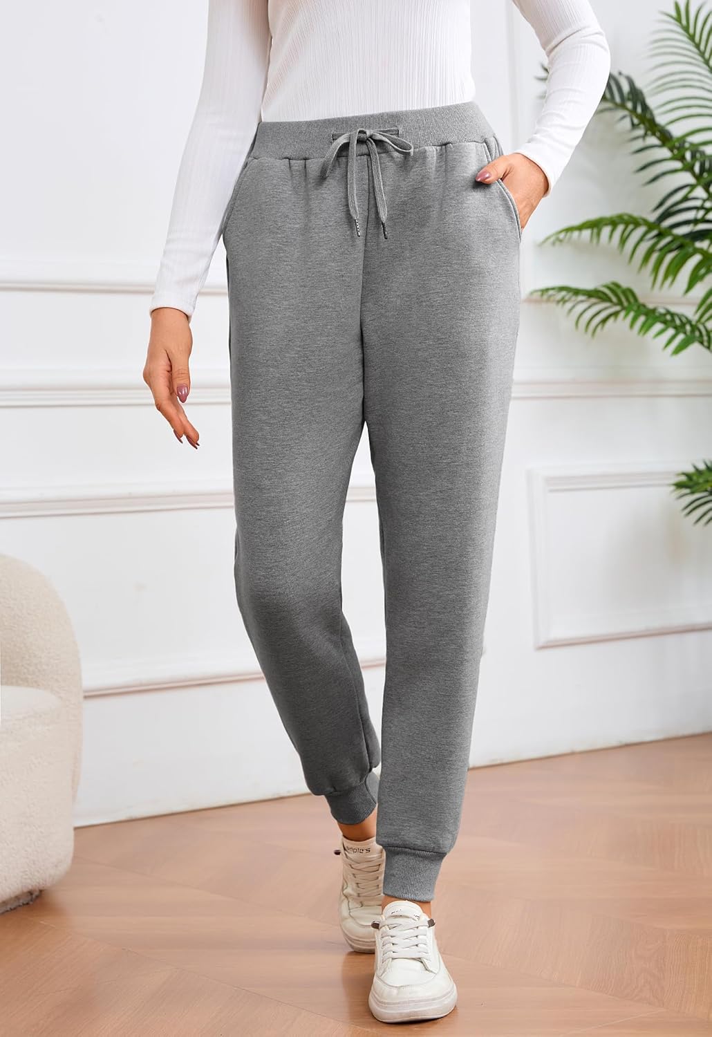 KOMANA Women's Sherpa Cotton Sweatpants High Stretch Warm Fleece Pants Drawstring with Pockets - Image 2