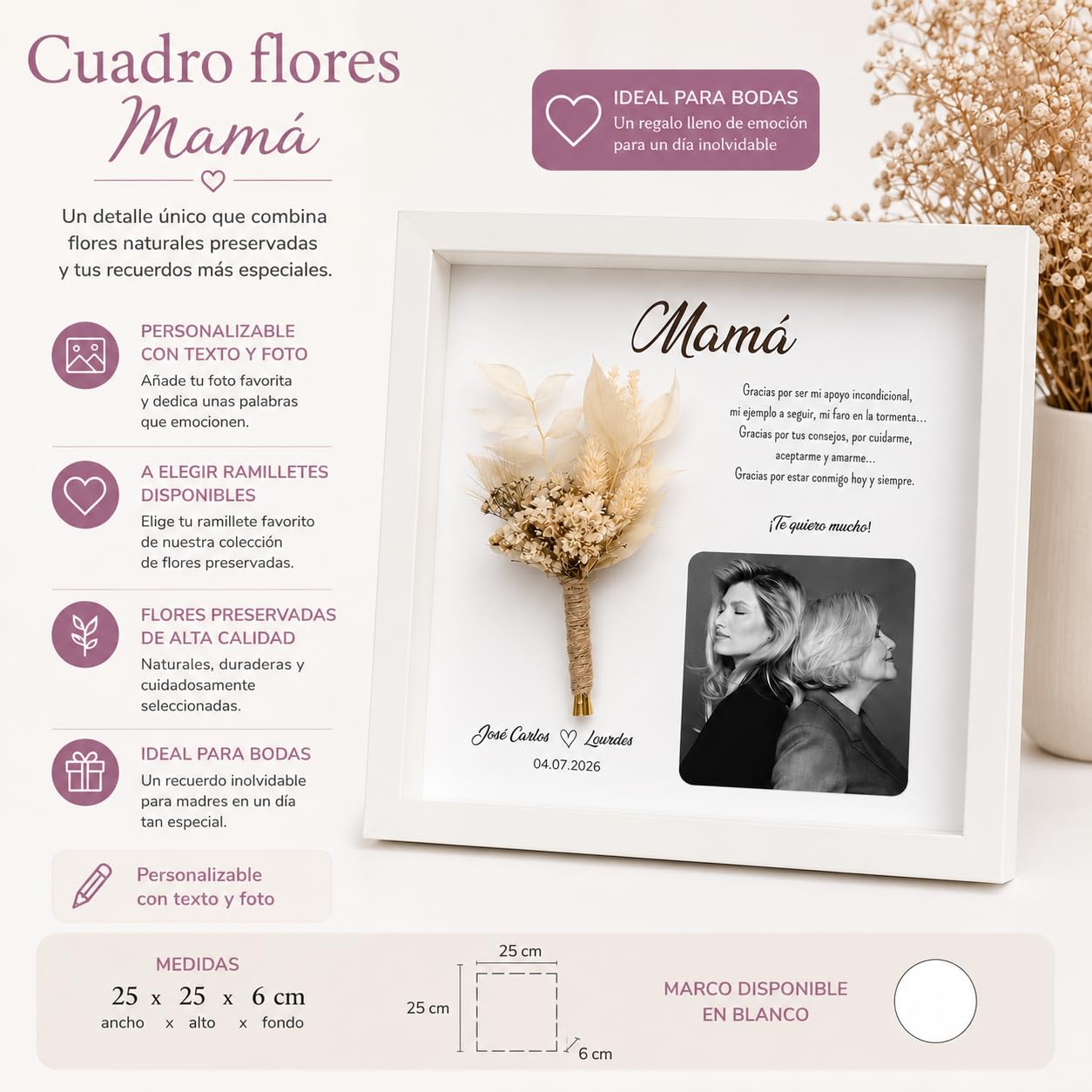 Marco Flores Preservadas Personalizado | Marco ramillete flores preservadas | Regalo para Mamá, Padres de los Novios, Padrinos, Madrinas, Testigos y Bodas | Flores preservadas, Regalo boda