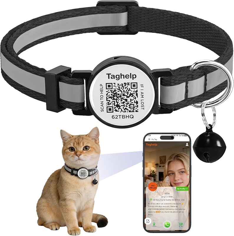Coleira para Gatos com Faixa Refletiva, Sino e Plaquinha com QR Code Taghelp Preta