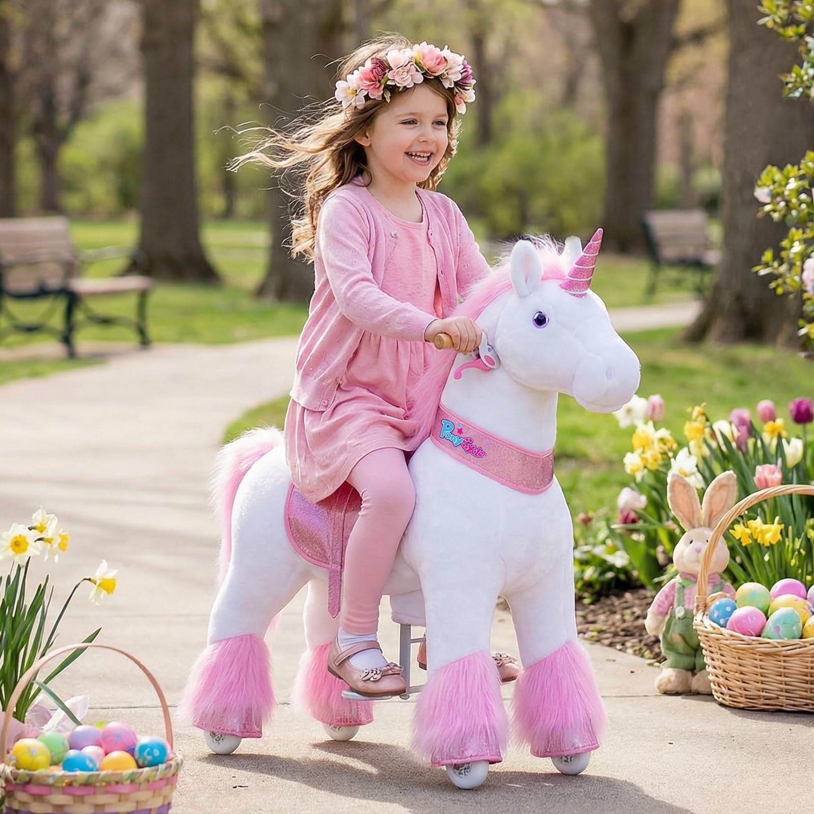PonyCycle Ride on Unicorn Horse for Kids Toddler Rocking Horse (with Brake/ 30" Height/Size 3 for Age 3-4) Pink Unicorn Plush Kids Ride on Horse Toys Rideable Unicorn Ride-on Birthday Gifts Ux302