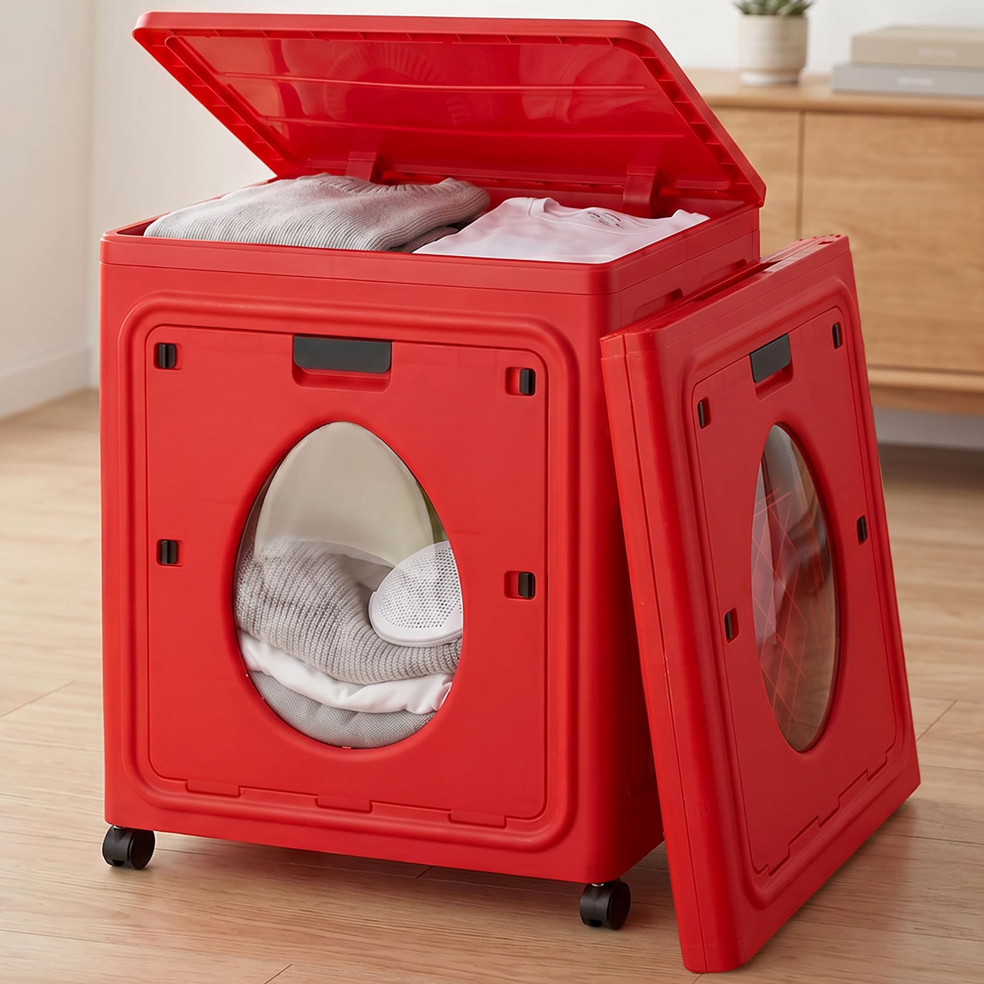 Story@Home Organiser Storage Box with Wheels - 160L | Foldable Storage Box for Clothes Large Quilt Organizer Transparent Window, Front Flap & Top Lid | Seasonal Storage for Blankets & Sweaters - Red-image-20