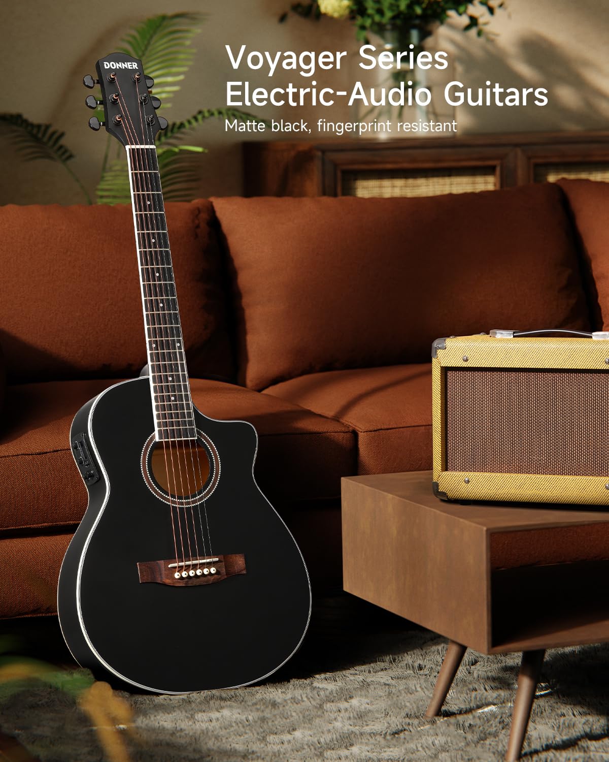 Donner Voyager - Kit per chitarra acustica elettrica JF Cutaway 3/4 con pickup e accordatore integrati, equalizzatore a 3 bande, kit di chitarra portatile da viaggio con custodia, capotasto, tracolla