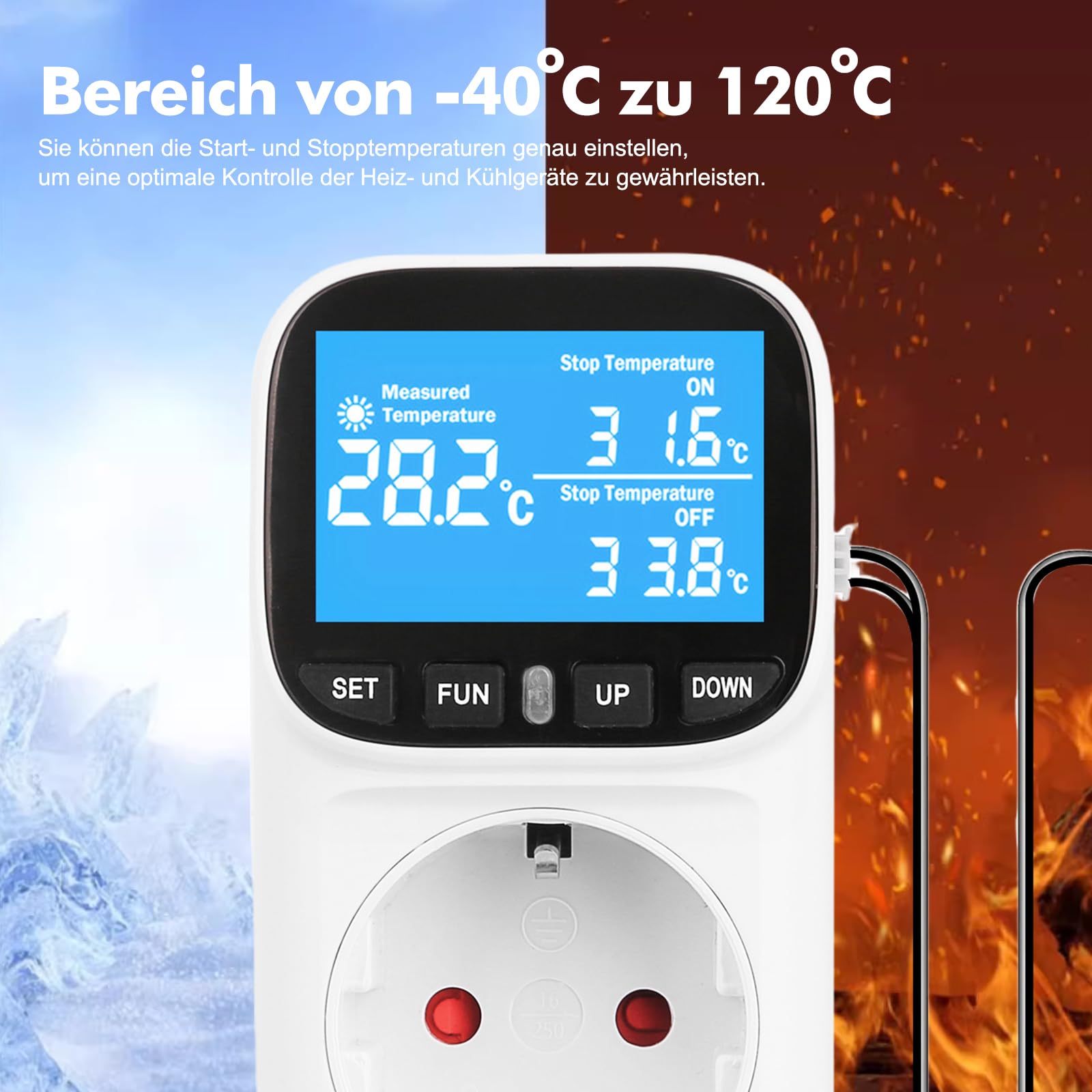 Digitaler Temperaturregler Steckdose 230V – Mit Fühler, -40 Bis 120 °C, ±1 %, Timer & Alarm, 16A, Für Gewächshaus, Aquarium, Terrarium Digitaler Temperaturregler Steckdose 230V – Mit Fühler, -40 Bis 120 °C, ±1 %, Timer & Alarm, 16A, Für Gewächshaus, Aquarium, Terrarium